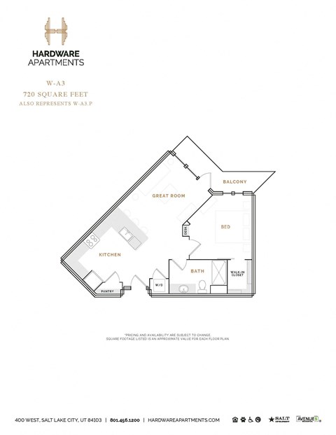 Floor plan for 1 bed, 1 bath, 814 sqft